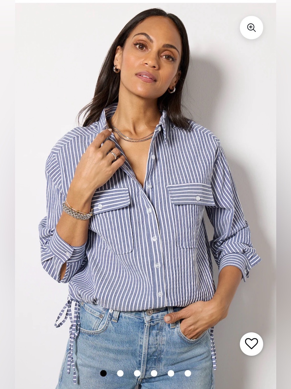 Evereve White Blue Stripe Louise Button Down Side Tie Shirt Long Sleeve Cropped